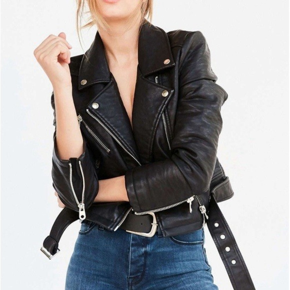 SILENCE + NOISE Women's Faux Leather Moto Jacket Sz M‎ in Black [Missing Belt]